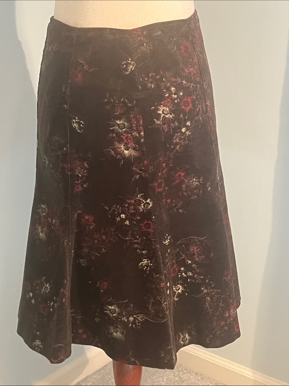 Vintage Inspired A- line Skirt - Deep Olive w/ Burgundy & Cream Floral Details